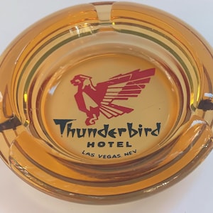 Mid Century Glass Thunderbird Hotel Las Vegas Ashtray, Collectible Vintage Las Vegas Hotel Ashtray.