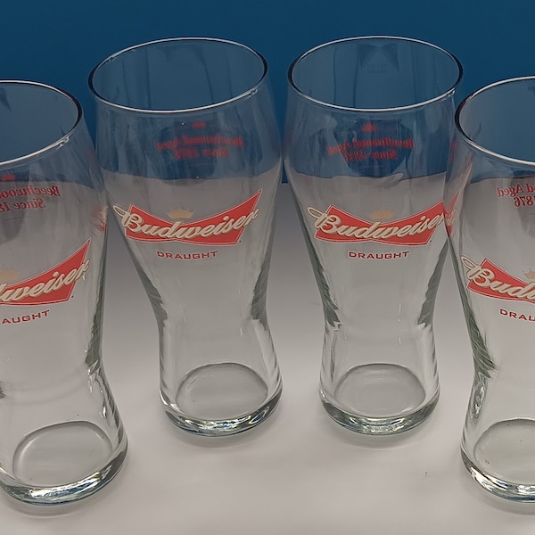 Set Of Four Vintage Budweiser Draught Red Bow Tie Pilsner Beer Glasses, Retro Budweiser 15 Ounce Pilsner Glasses, Collectible Beer Glasses.