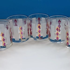 Set of 7 Culver Mid Century Lowball Glasses: Cranberry Harlequin 22K Gold