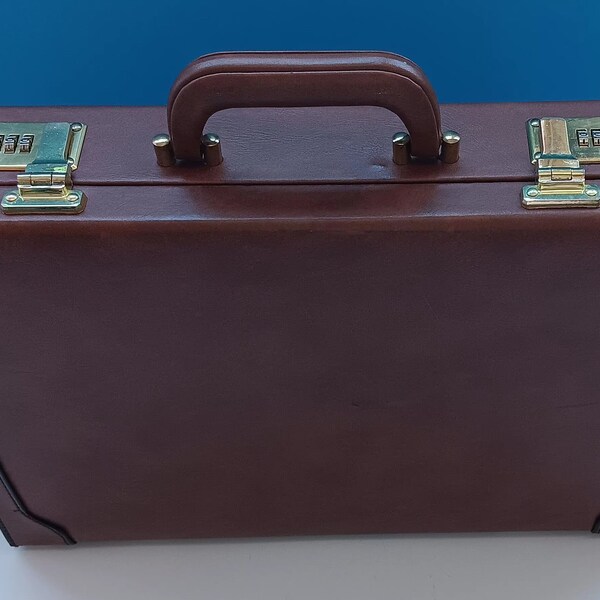 Mid Century Hard Shell Leather Attache Case With Combination Lock, Vintage Hard Shell Briefcase Leather With Velvet Interior.