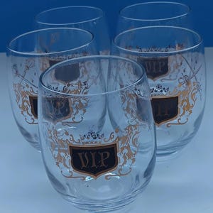 Set Of Five Mid Century 22K Gold VIP Cocktail Glasses, Vintage Thirteen Ounce Drink Glasses VIP, Retro Drink Glasses.