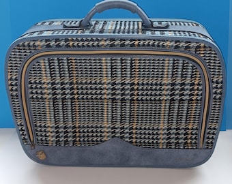 Vintage Blue Tweed/Leather Suitcase By Leeds, Vintage Leeds Luggage, Vintage Travel.