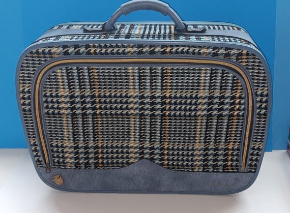 50s Leeds Travelwear トランク ミッドセンチュリー 什器 Vintage Blue Tweed/leather Suitcase by Leeds, Vintage Leeds