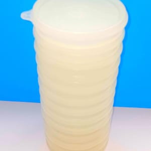 Sistema de almacenamiento apilable Tupperware vintage con prensa para hamburguesas y congelador, sistema apilable Tupperware de nueve piezas con cuatro tapas n.° 882-32.