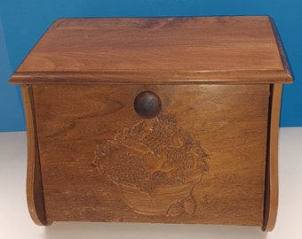 Vintage Solid Wood Bread Box With Carved Fruit Bowl Design, Retro Country Kitchen Bread Box.