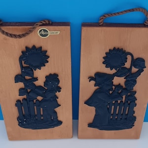 Vintage Wood Wall Plaques: 3D Resin Children, Flowers - Ahorn Furniert Set
