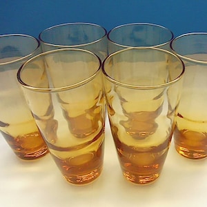 Vintage Amber Drink Glasses - Set of Six Retro 12 oz Tumblers