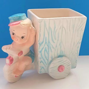 Vintage Ceramic Baby Planter By Samson Import Company, Mid Century Baby Cart Planter, Vintage Nursery Decor.