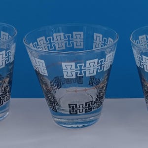 Set Of Three Mid Century Lowball Drink Glasses With Geometric Design, Vintage Cocktail Glasses Seven Ounces.