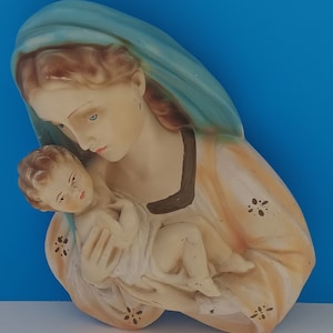 Vintage Mid Century Chalkware Madonna and Child Wall Hanging