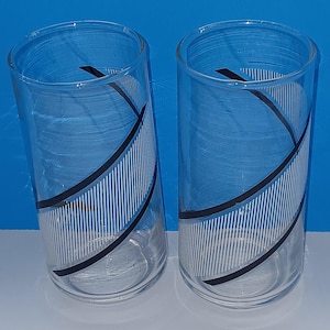Set Of Two Vintage Mid Century Black And White Drink Glasses By Georges Briard, Retro Crisa Tumblers With Swirl Design.