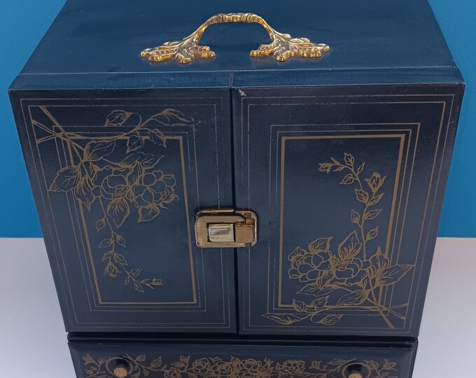 Vintage Wood/vinyl Jewelry Box With Six Storage Drawers, Necklace Hooks