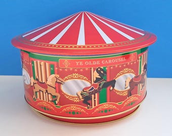 Vintage Ye Olde Carousel Musical Christmas Tin, Revolving Jingle Bells Cookie Container