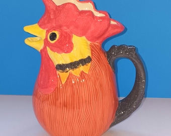 Vintage Handpainted Ceramic Rooster Pitcher By Iandola, Vintage Country Kitchen Rooster Pitcher.