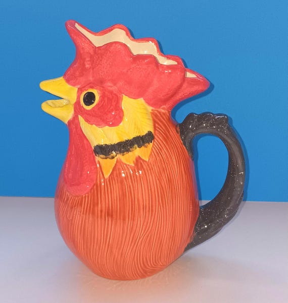 Vintage Handpainted Ceramic Rooster Pitcher By Iandola, Vintage Country Kitchen Rooster Pitcher.