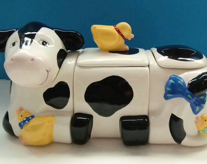 Vintage Ceramic Three Piece Cow Canister Set, Retro Cow Cookie Jar