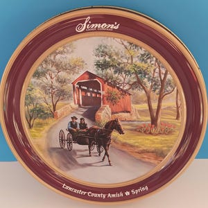 Boîte à bonbons ronde vide vintage Simon&#39;s Candy Company, boîte à bonbons en étain rétro Lancaster Amish County à collectionner.