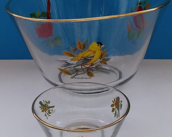 Mid Century Two Piece Set Of Glass Bird Chip N Dip Snack Bowls, Vintage Glass Bowls With Bird Theme, Retro Glass Bowls.