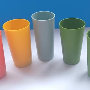 Set Of Five Assorted Plastic Cups, Three Tupperware Cups, Two Avocado Melamine Cups.