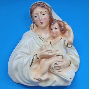 Mid Century Chalkware Madonna And Child Wall Hanging, Vintage Virgin Mary And Baby Jesus.