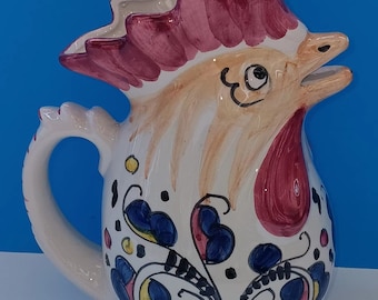 Vintage Ceramic Rooster Of Fortune Pitcher By Deruta Italy, Retro Porcelain Deruta Rooster Pitcher.