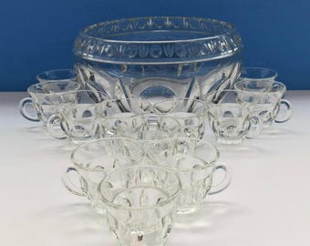 Vintage Hazel Ware Glass Punch Bowl Set: Williamsport Pattern, 10