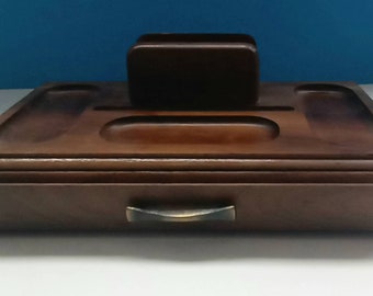 Vintage Men's Wooden Dresser Valet Jewelry Box With Storage Drawer, 1970s Jewelry Box Retro.
