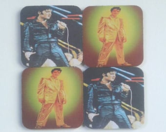 Set Of Four Handmade Elvis Presley Coasters: Heat Transfer Rubber Drink Coasters.