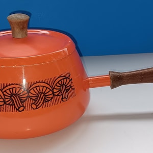 Vintage 1970s Orange Enamelware Fondue Pot: Retro Mushroom Design