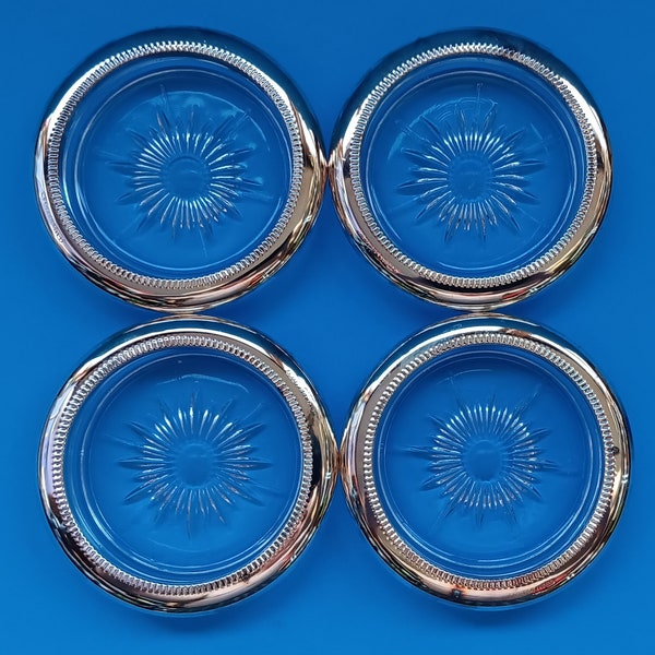 Set Of Four Mid Century Crystal/Silverplate Coasters By Leonard Silver Manufacturing, Retro Glass Coaster Set, Vintage Crystal Coasters.