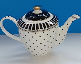 Black And White Josephine Porcelain Teapot By Grace Teaware, Fine Porcelain Grace Teapot With Polka Dots/Stripes Design.