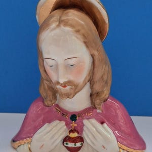Vintage Porcelain Sacred Heart Jesus Statue, 1960s Religious Ceramic Figure
