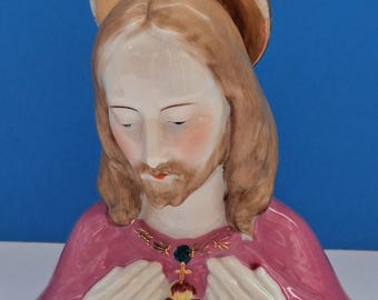 Estátua vintage de porcelana do Sagrado Coração de Jesus, figura vintage de Jesus em cerâmica.