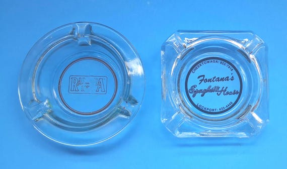 Set Of Two Vintage Retro Glass Ashtrays, Faded  Ramada Inn Round Glass Ashtray, Fontana's Spaghetti House Square Glass Ashtray.
