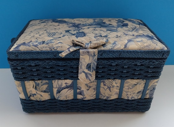 Vintage Sewing Basket/box With Quilted Fabric Top, Plastic Twine