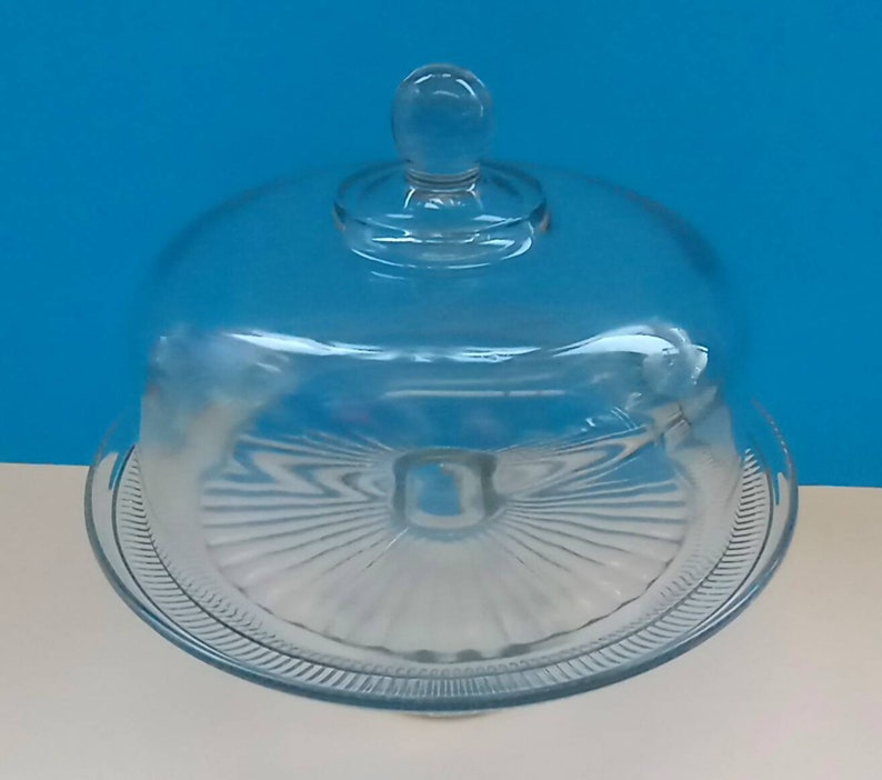 Mid Century Glass Cake Stand With Dome Heavy Glass Cake Stand Etsy