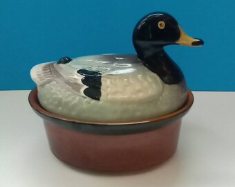 Vintage Ceramic Duck Tureen, Vintage Covered Duck Bowl Made In Portugal, Retro Ceramic Duck Tureen.