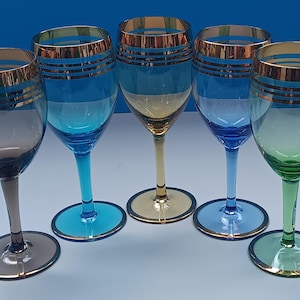 Set Of Five Vintage Colored Wine Glasses With Gold Rim Design, Retro Five Ounce Wine Glasses.