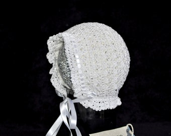 Crochet Toddler Baby Girl Bonnet in Beautiful Exquisite Crochet Lace - White Fine Silk and White Satin Ribbon Ties.