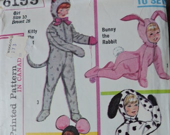 Animal Costumes with Detachable Head Bunny Mouse Dog Kitty Halloween Pretend Stage Play Vintage Sewing Simplicity 6199 Pattern Girls Size 10