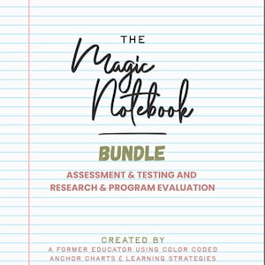 May include: A digital document cover with a white lined paper background and olive green wavy borders. The text reads: THE Magic Notebook BUNDLE, ASSESSMENT & TESTING AND RESEARCH & PROGRAM EVALUATION, CREATED BY A FORMER EDUCATOR USING COLOR CODED ANCHOR CHARTS & LEARNING STRATEGIES.