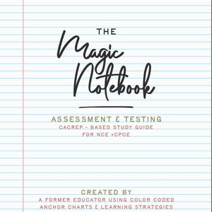 May include: A study guide titled The Magic Notebook Assessment & Testing CACREP-Based Study Guide for NCE + CPCE. The cover features a white background with blue horizontal lines, a pink vertical margin line, and olive green wavy borders at the top and bottom.