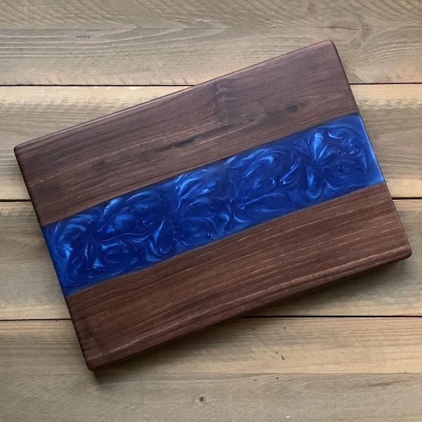 River Board - Blue, Live Edge, Epoxy Resin Cutting Board, Serving Tray, Charcuterie Board, Walnut