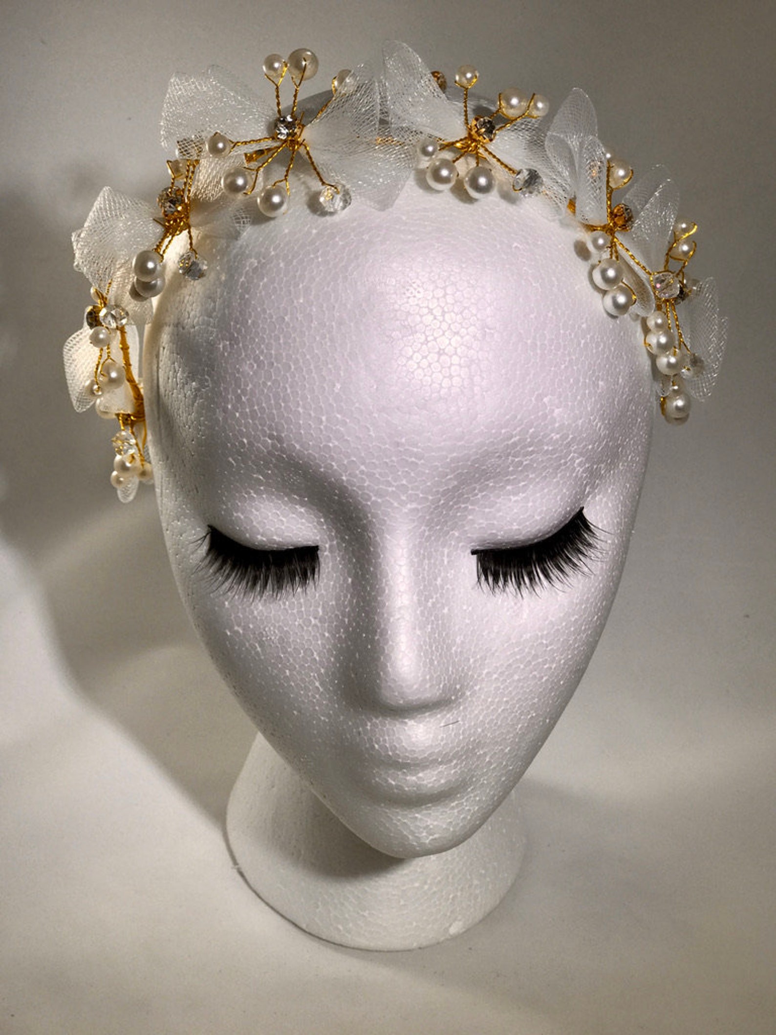 Tiara With Net Bows and Pearls. Bridal Accessory. Crown. Hair Etsy