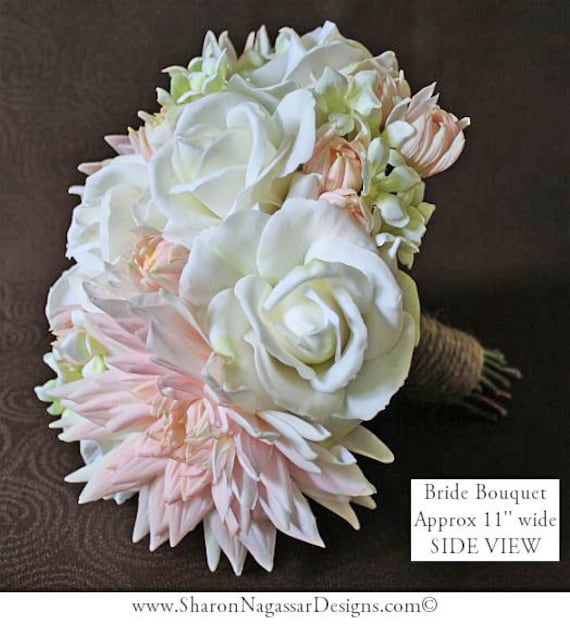 Rose Pâle Blanc Vert Menthe Bouquet Fleurs Real Touch Fleurs De Mariage En Soie Rose Dahlia Stephanotis