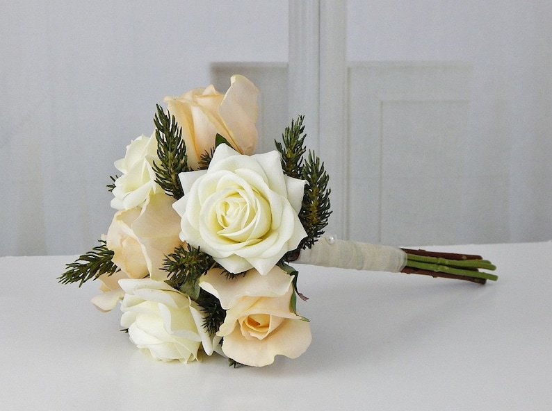 flowers winter BridesmaidMOH Real Touch flowers wedding christmas Blush pine wedding bouquet cream ivory silk roseroses