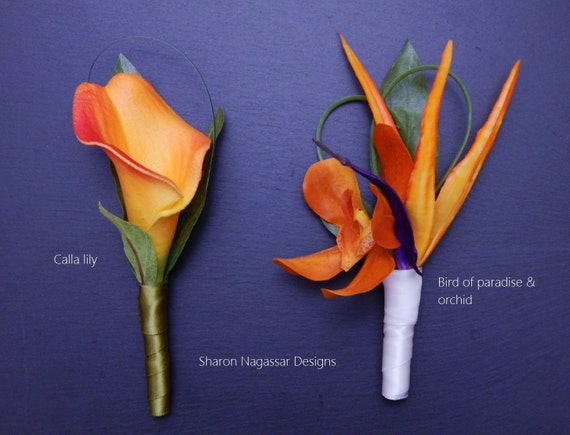 Boutonnière Pour Hommes Oiseau Du Paradis Lys Calla Fleurs Real Touch Orange Jaune Violet Tropical Soie Mariageprom Boutonnière