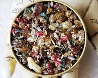 Bewitched Resin Incense in a tin for your Bewitching Witchcraft Rituals, Hand blended natural resin incense with herbs, oils and botanicles