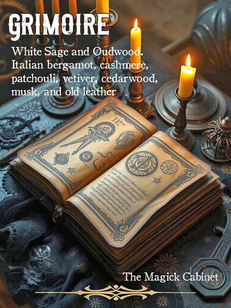 An ancient spell book laying on a table with an intricate design carved into it. Candles are lit and glow with a soft radiance.