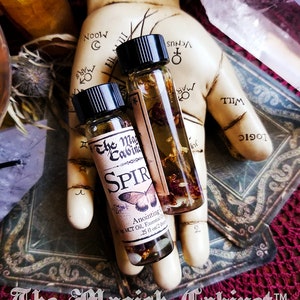 Spirit Guide oil in a 2 dram bottle. There's a lovely red butterfly on the label with the words The Magick Cabinet and Anointing oil. They stand on three tarot cards face down.
